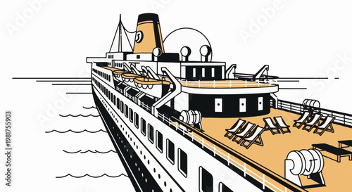 Illustration of a large, retro passenger ship sailing on calm water