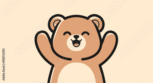 Happy cartoon bear character with arms raised in joy.
