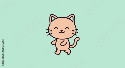Cute cartoon cat walking with a happy expression and smiling face.