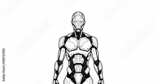 Humanoid robot in black and white, standing and looking forward