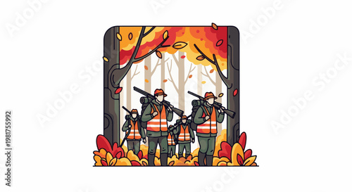 Hunters in autumn woods with rifles and orange vests