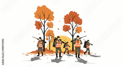 Hunters in orange vests walk through autumn foliage with rifles