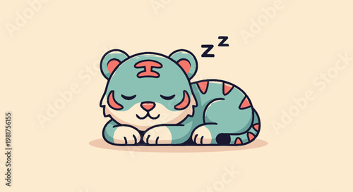 Adorable cartoon tiger cub sleeping peacefully with closed eyes and cute expression.