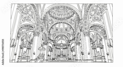 Intricate sketch of grand cathedral interior with vaulted ceilings, dome, altar