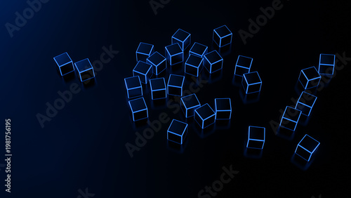 blue led light 3d cube on black, abstract design 