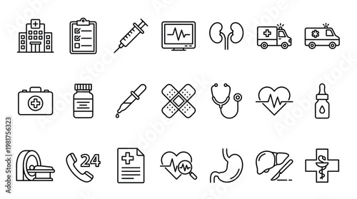 Comprehensive healthcare icons set representing medical services equipment and emergency response in a linear style