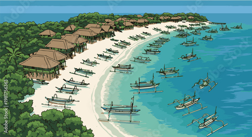 Island resort with beach huts and numerous outrigger boats docked