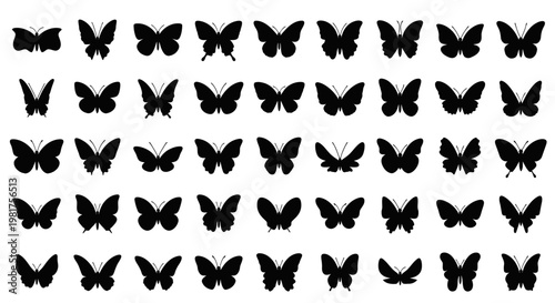 Collection of various butterfly silhouettes on white background.