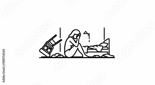Isolated figure cries by a bed and tipped chair in a sparse room