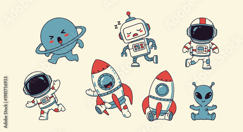 Cartoon Space Characters - Rocket, Astronaut, Alien, and Planet.