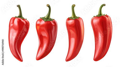 Four red chili peppers with green stems and shiny surfaces on a white background