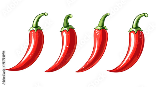 Four red chili peppers lined up, each with green stems and glossy highlights