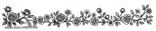 hand drawn rose floral border with detailed leaves blossoms and vines black and white botanical line art decorative design