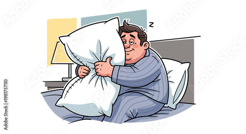 Man hugging a large pillow in bed.