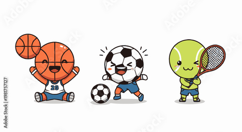 Adorable Cartoon Sports Characters Playing Basketball, Soccer, and Tennis.