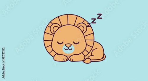 Adorable cartoon lion sleeping peacefully with closed eyes on blue background.