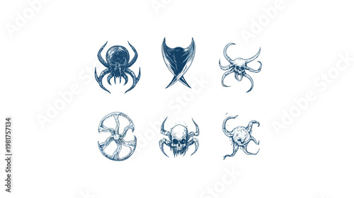 Collection of six dark, blue horror-themed stylized designs on a white background