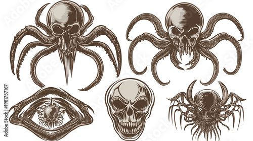 Graphic sepia illustration features human skulls combined with octopus tentacles on white