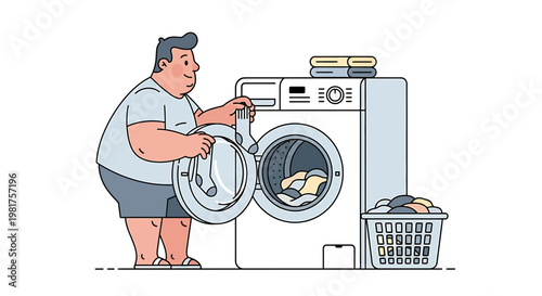 Man loading washing machine doing laundry at home cleaning clothes.