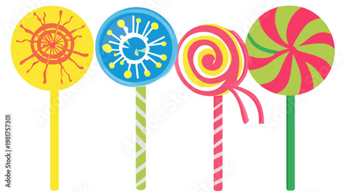 Four stylized lollipops, each a different flavor, stand in a vibrant, colorful row