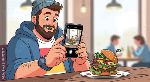 Man taking a photo of a delicious burger with his smartphone.