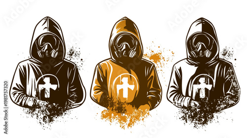 Three hooded figures in gas masks, each with unique stylized color splash effects
