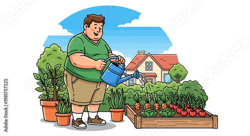 Man tending to his garden with watering can.