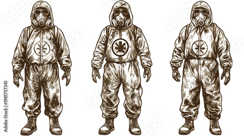 Three figures in sepia-toned hazmat suits stand against a white background