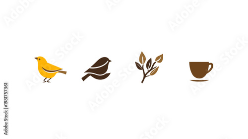 Four icons yellow bird, brown bird on a leaf, branch with leaves, and brown cup