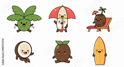 Cute Cartoon Coconut Characters Enjoying Summer Vacation Fun.