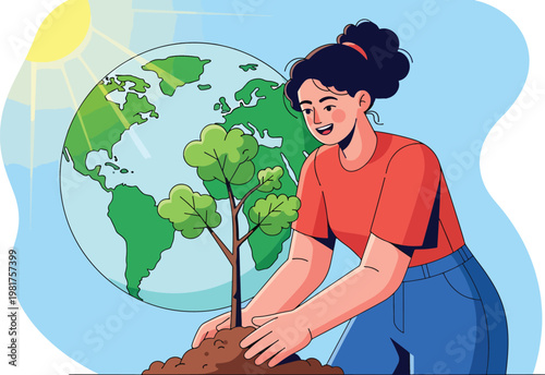 A smiling woman plants a young tree in front of a glowing Earth, symbolizing environmental care and sustainability efforts.