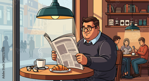 Middle aged man with glasses reading the news in a coffee shop.