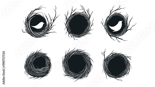 Six black and white sketchy nests, two with bird silhouettes, on white background