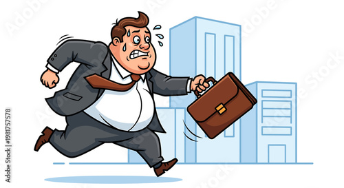 Overweight businessman running late for work with briefcase.