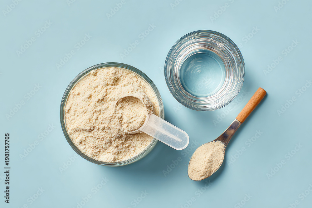 Fototapeta premium Collagen protein powder scoop and a glass of water. Food beauty and health supplement 