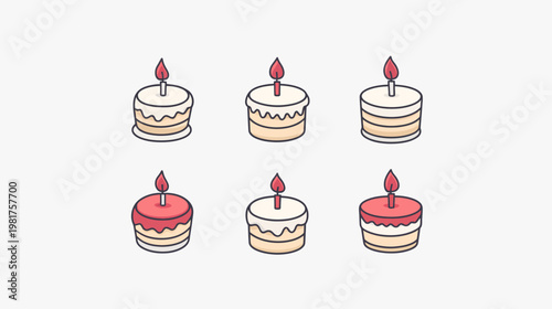 Six minimalist cartoon cakes sit on a white background, each topped with a lit candle