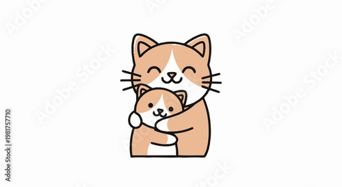 Adorable cartoon mother cat hugging her cute kitten, happy family.