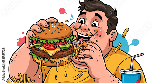 Overweight man enjoying a large, delicious cheeseburger with fries and a drink.