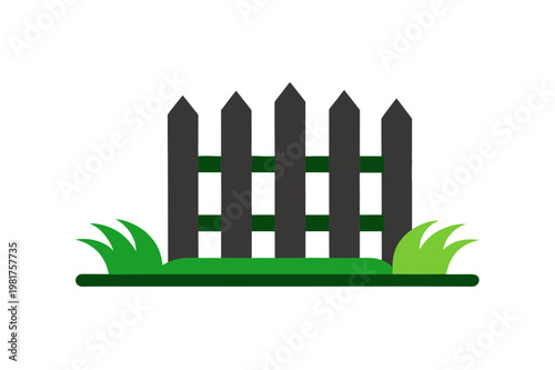 Black picket fence with grass on transparent background representing simple boundary or enclosure