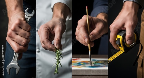 Collage of four hands representing different professions and hobbies.