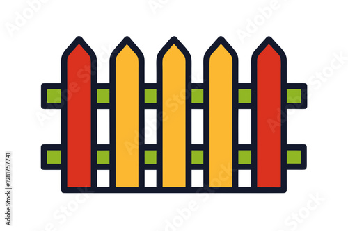 Colorful picket fence with red, yellow, orange sections, dark outline, green crossbars, yard decoration