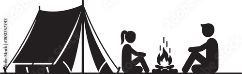 Embrace the tranquility of nature with a cozy campfire scene, featuring two companions enjoying a peaceful evening under the open sky beside a classic camping tent