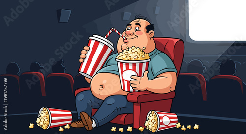 Overweight Man Enjoying Popcorn and Soda at the Movies.