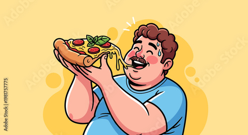Overweight Man Happily Eating a Delicious Slice of Pizza.