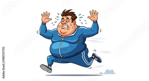 Overweight man in blue tracksuit running and sweating profusely.