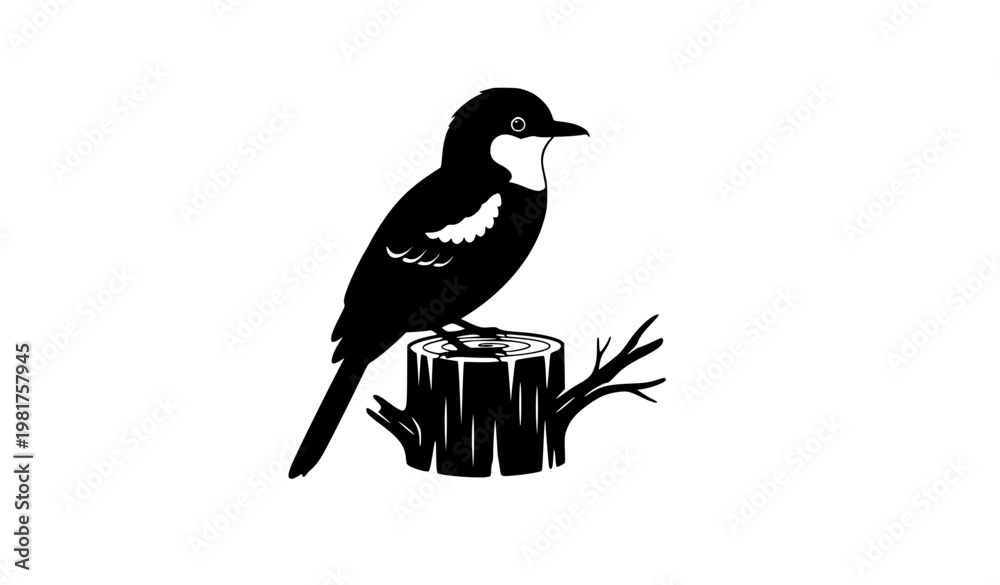 Fototapeta premium Minimal Uguisu Bird Sitting on Wooden Branch Silhouette Vector for Logo and Stencil Design