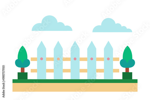 Charming white picket fence with green bushes and light blue clouds isolated on transparent background