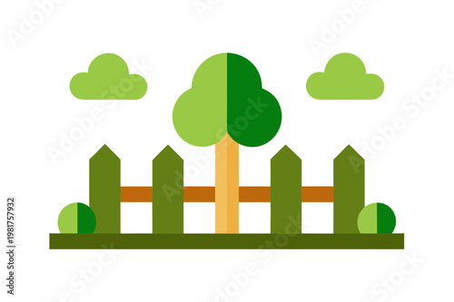 Lush green garden scene with tree and picket fence under two small clouds