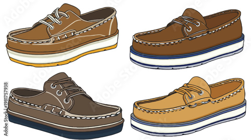 Four illustrations of deck shoes on white background, each with unique color schemes