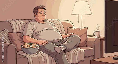 Overweight man relaxing on sofa with popcorn watching television.